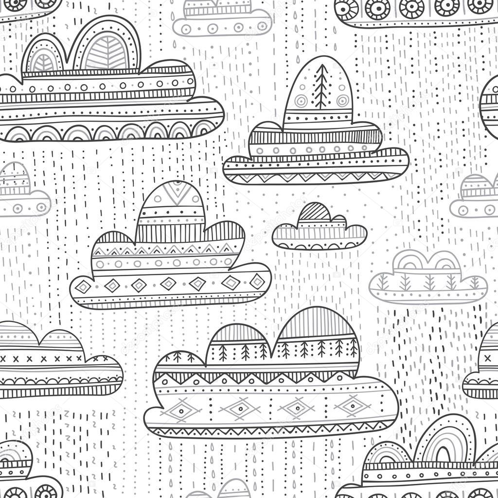 Lovely vector seamless pattern with rainy clouds in Boho style with ornament. Can be printed and used as wrapping paper, wallpaper, textile, fabric etc.