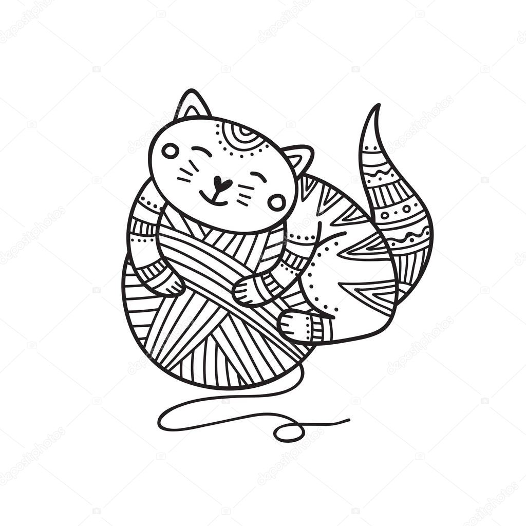 Vector illustration of cute cat laying on yarn  ball coloring. Can be used as a sticker, icon, logo, design template, coloring