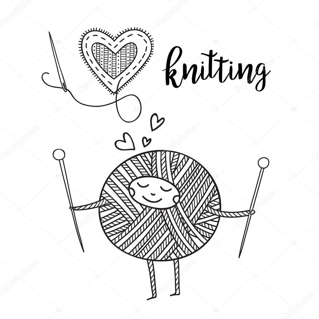 Vector knitting theme card with cute yarn ball character and lettering. . Can be printed and used as banner, card, placard, sticker, invitation, design template, label, coloring page