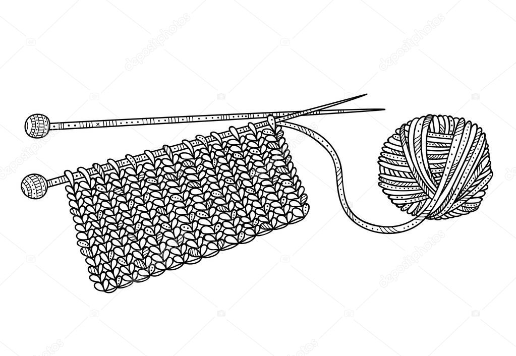 Vector illustration of knitting and yarn ball with needles. Can be used as a sticker, icon, logo, design template, coloring page