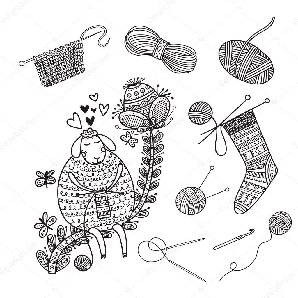 Vector set of knitting tools, yarn and cute sheep. Can be used as a sticker, icon, logo, design template, coloring page