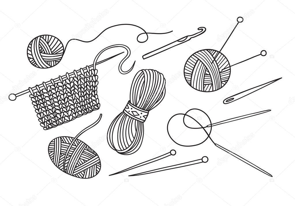Vector set of knitting tools and yarn . Can be used as a sticker, icon, logo, design template, coloring page