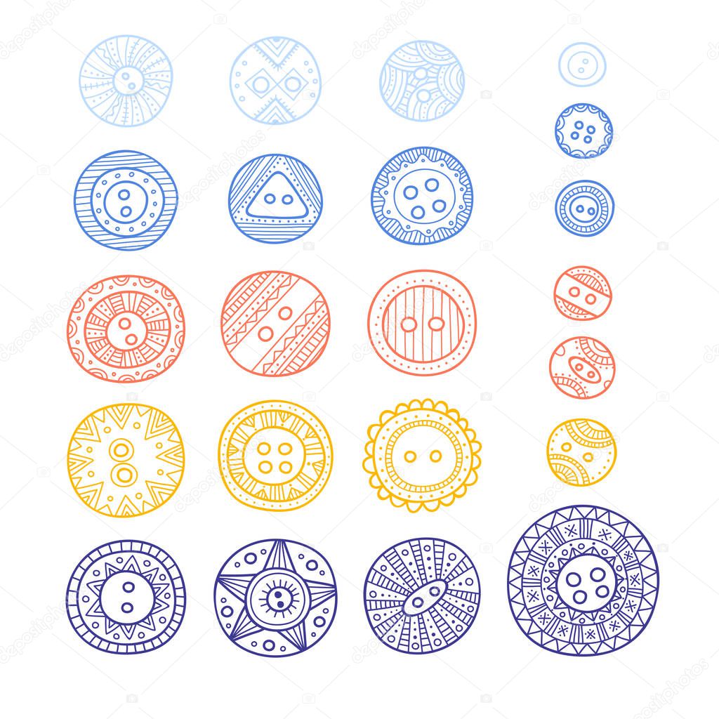 set of cloth buttons in different designs in boho style with ornament. Can be used as design template, element, sticker, logo, icon