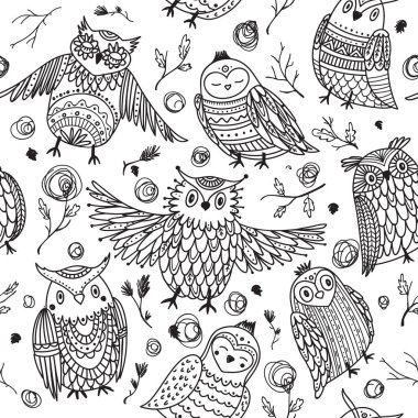 Sevimli baykuşlar boho tarzı süsler ile seamless modeli. Yazdırılabilir ve kağıt, duvar kağıdı, tekstil, boyama, kumaş sarma olarak kullanılan, vb.