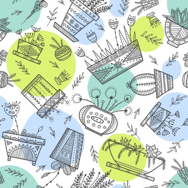 Saksı ve ev bitkileri Dikişsiz desen etnik süslü boho tarzı. Yazdırılabilir ve kağıt, ev dekorasyon, duvar kağıdı, tekstil, kumaş sarma olarak kullanılan, vb.