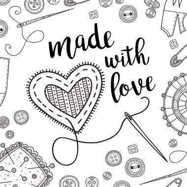 Vektör kartı iğne işi tema yazı ve dikiş araçları. Yazdırılabilir ve kullanılan afiş, kartı, tasarlamak, etiket, davetiye, tasarım şablonu, etiket, boyama sayfası