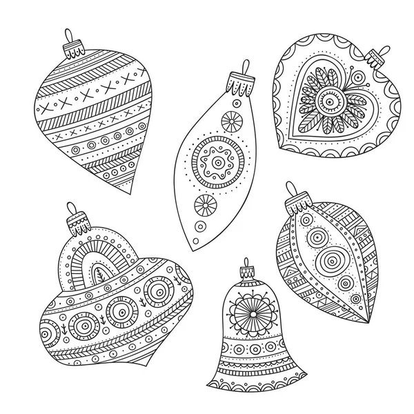 Vector Christmas Tree Decoration Baubles Line Art Boho Style Wit — Stock Vector