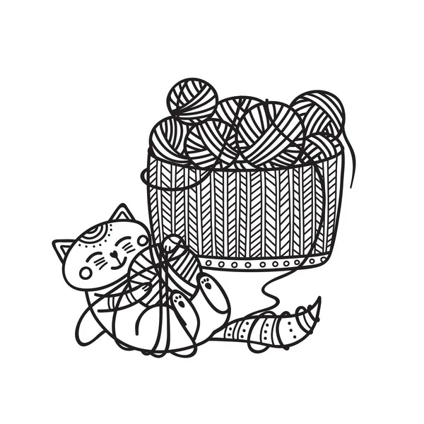 かわいい猫糸のボールで遊んでいるとバスケットのカラーリングを編み物のベクトル イラスト ステッカー アイコン デザイン テンプレート ぬりえとして使用できます — ストックベクタ