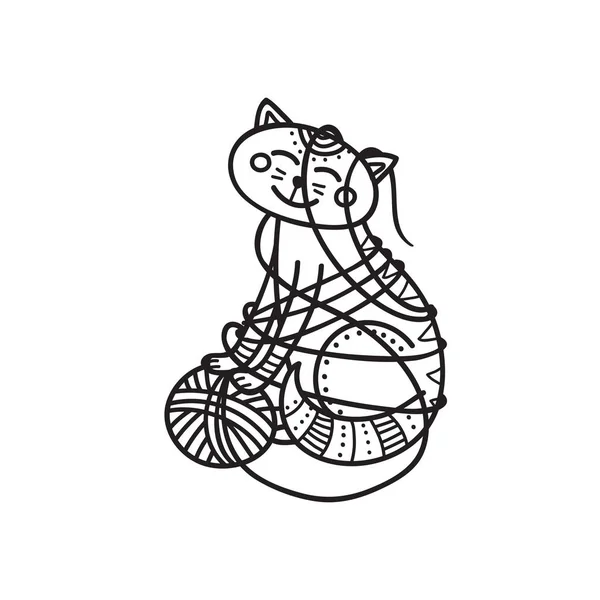 糸のボールで遊ぶかわいい猫のベクター イラストです ステッカー アイコン デザイン テンプレート ぬりえとして使用できます — ストックベクタ