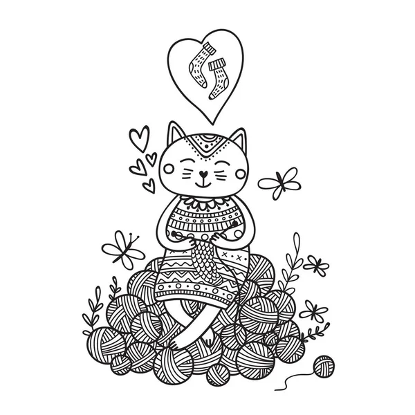 向量例证可爱的猫编织在纱球 可用作贴纸 设计模板 免版税图库插图