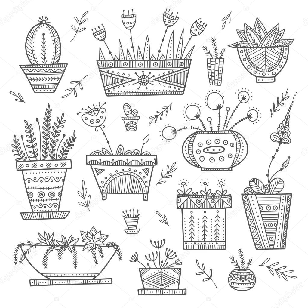 Flower pots and house plants set. Can be used as template, coloring page, card, poster, etc