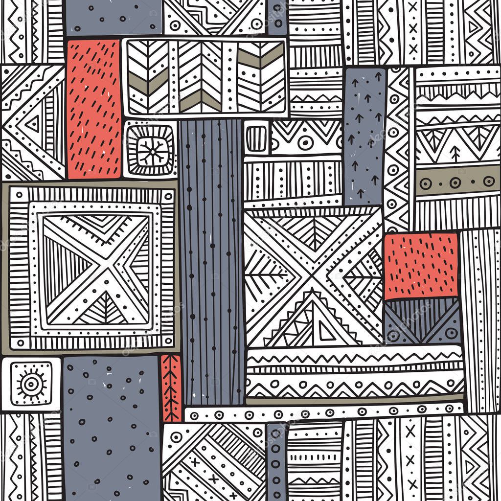 Tribal seamless pattern in boho style with ethnic African ornaments. Can be printed and used as wrapping paper, wallpaper, textile, fabric, etc.