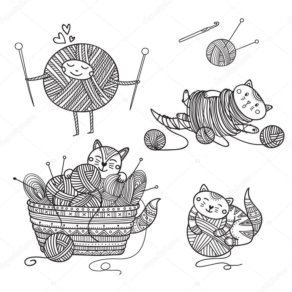 Vector set of cute cats playing with yarn ball coloring. Can be used as a sticker, icon, logo, design template, coloring page