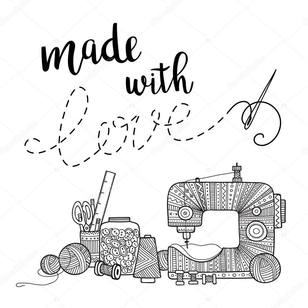 Vector card needlework theme with lettering and sewing tools. Can be printed and used as banner, card, placard, sticker, invitation, design template, label, coloring page