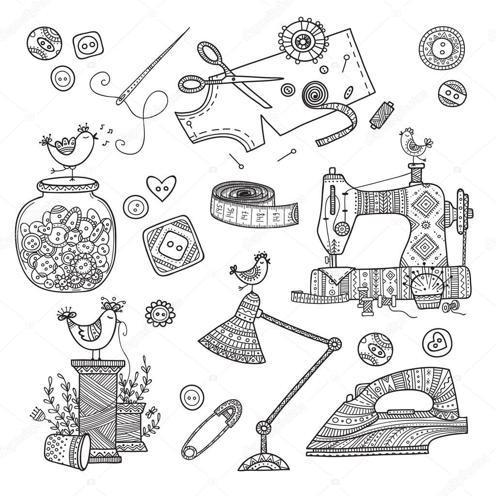 Vector illustration of needlework, sewing  tools. Can be used as a sticker, icon, logo, design template, coloring page.