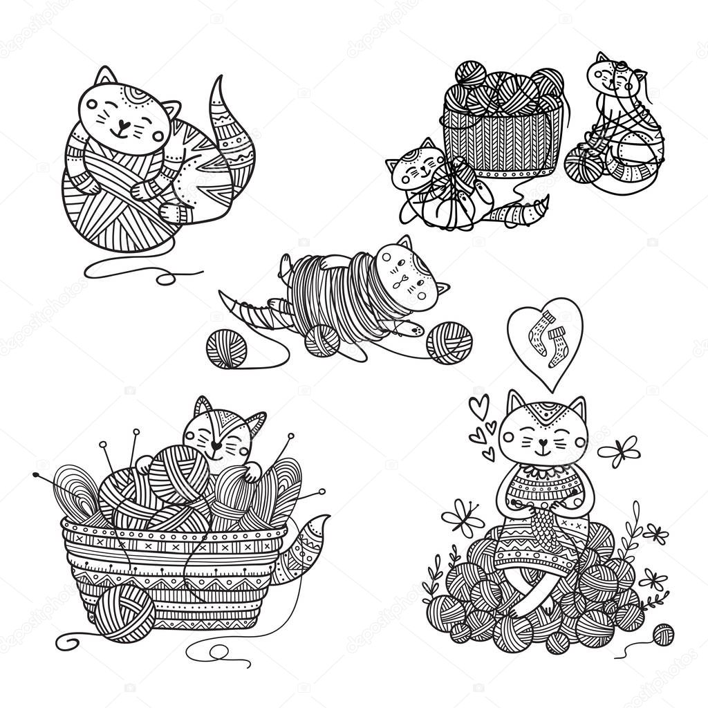 Vector set of cute cats playing with yarn ball coloring, Can be used as a sticker, icon, logo, design templatecoloring page