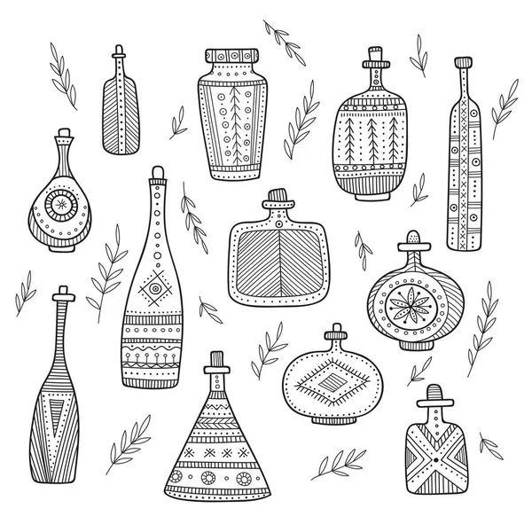 Botellas en conjunto vectorial estilo boho — Vector de stock