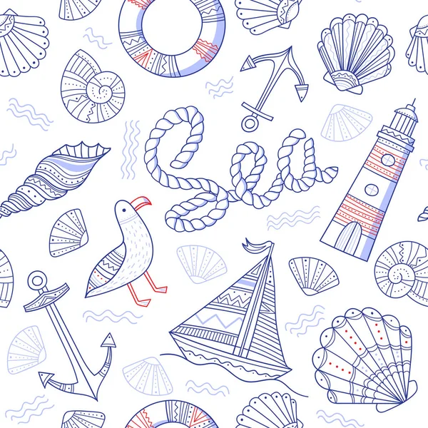 Patrón inconsútil de tema marino en estilo boho doodle — Archivo Imágenes Vectoriales