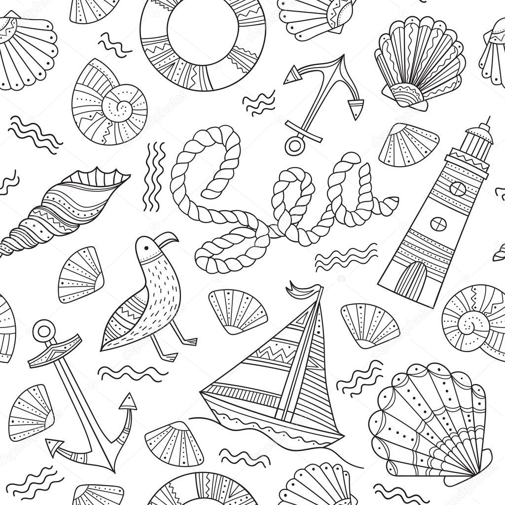 Sea theme seamless pattern in doodle boho style