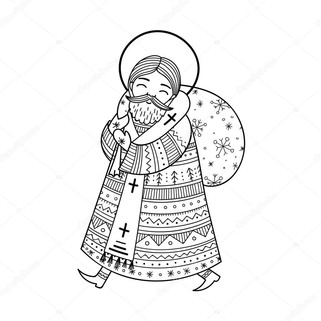 Saint Nicholas illustration in doodle boho style with ornaments