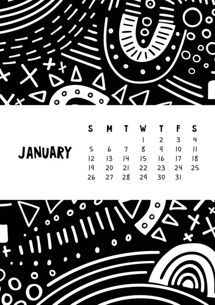 Ιανουαρίου. Διανύσματος πολύχρωμο μηνιαίο ημερολόγιο για 2020 έτος με αφηρημένο δείκτη σκίτσο. — Διανυσματικό Αρχείο