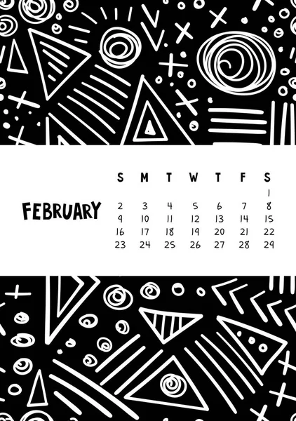 Febrero. Vector colorido calendario mensual para 2020 año con garabato marcador abstracto . — Vector de stock