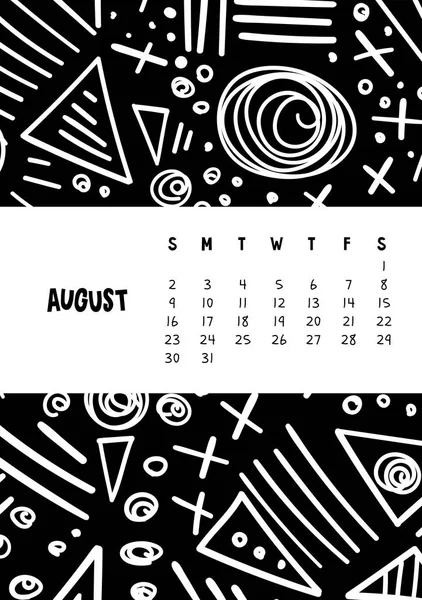 Agosto. Vetor colorido calendário mensal para 2020 ano com doodle marcador abstrato . — Vetor de Stock