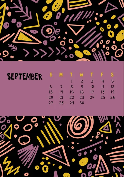 Settembre. Calendario mensile colorato vettoriale per l'anno 2020 con scarabocchio marcatore astratto . — Vettoriale Stock