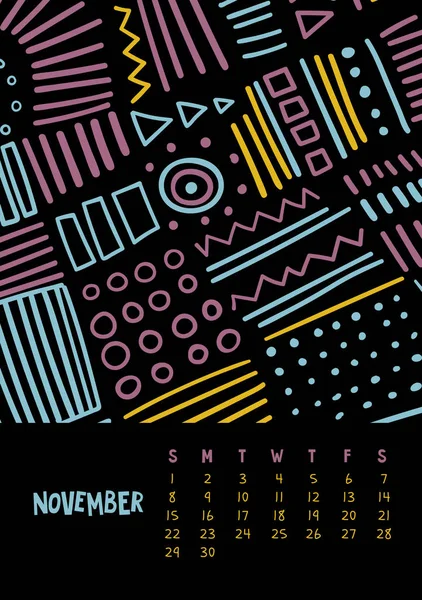 Listopada. Wektor kolorowy Kalendarz miesięczny dla 2020 rok z abstrakcyjnym markerem Doodle. — Wektor stockowy