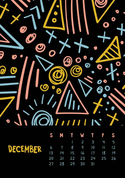 Dezembro. Vetor colorido calendário mensal para 2020 ano com doodle marcador abstrato . — Vetor de Stock