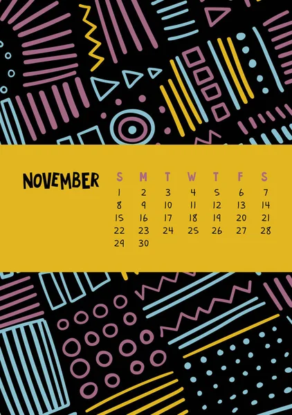 Novembre. Calendario mensile colorato vettoriale per l'anno 2020 con scarabocchio marcatore astratto . — Vettoriale Stock