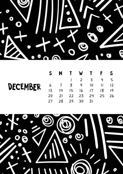 12 月。抽象的なマーカー落書きで2020年のためのベクトルカラフルな毎月のカレンダー. — ストックベクタ