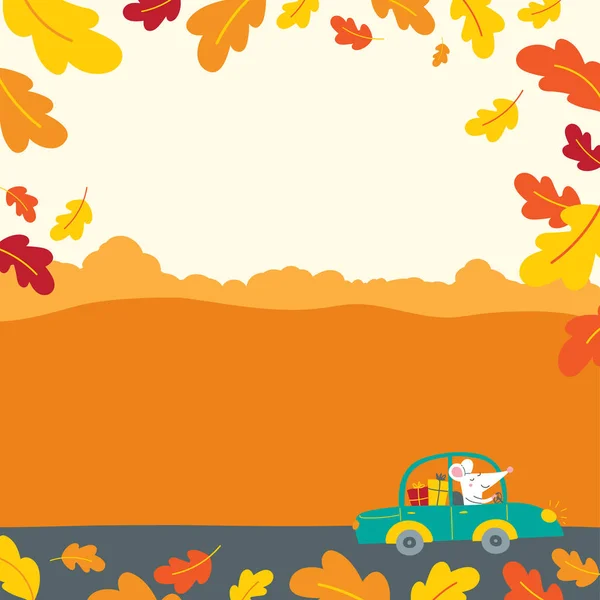 Ilustración vectorial decorada con hojas de roble de otoño con rata linda sin texto . — Vector de stock