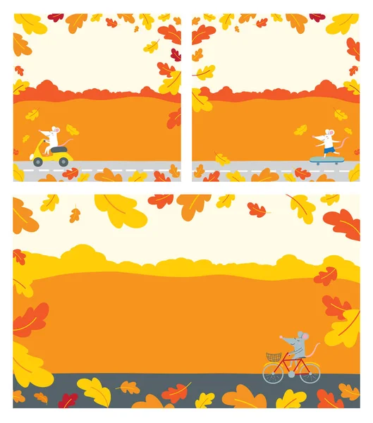 Ilustración vectorial decorada con hojas de roble de otoño con rata linda sin texto . — Vector de stock
