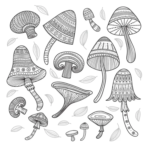 Vector set of mushrooms in boho style with ornaments — Stock Vector