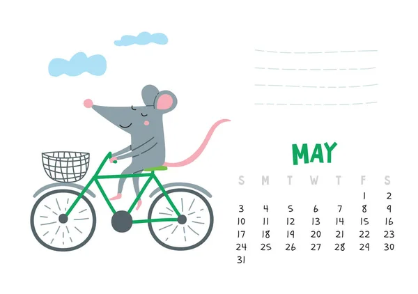 Lehet. Vektor naptár oldal aranyos patkány utazás-kínai jelképe 2020 év. — Stock Vector