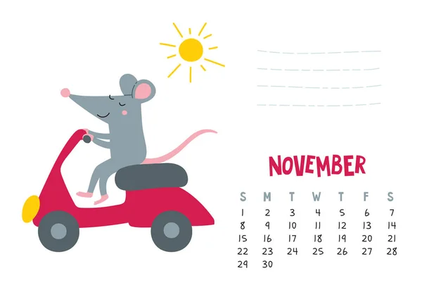 Novembre. Pagina del calendario vettoriale con simpatico ratto in viaggio - simbolo cinese del 2020 — Vettoriale Stock