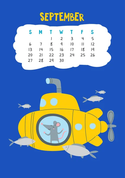 Settembre. Pagina del calendario vettoriale con simpatico ratto in viaggio - simbolo cinese dell'anno 2020 — Vettoriale Stock