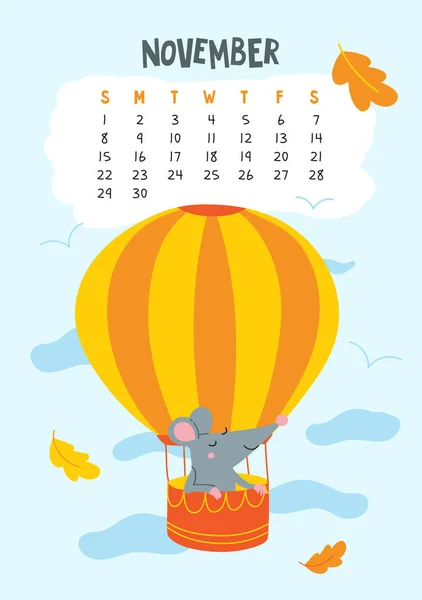 11 月。気球でかわいいネズミとベクターカレンダーページ - 2020年の中国のシンボル — ストックベクタ