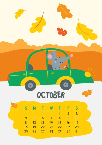 Ottobre. Pagina del calendario vettoriale con simpatico ratto in viaggio - simbolo cinese del 2020 — Vettoriale Stock