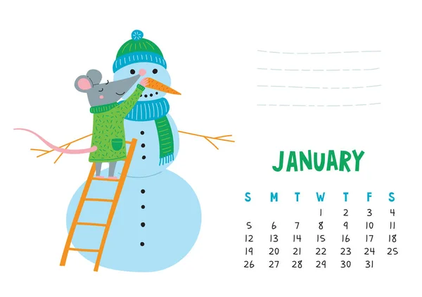 Enero. Página del calendario vectorial con rata linda hacer muñeco de nieve - símbolo chino — Vector de stock