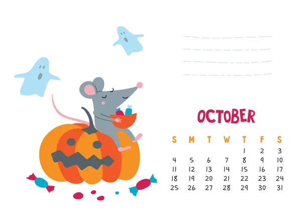 10 月。かわいいネズミがハロウィーンを祝うベクトルカレンダーページ — ストックベクタ