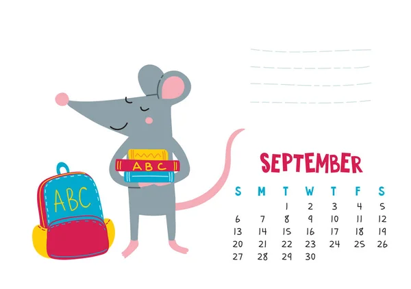 9 月。学校に戻ってかわいいネズミとベクトルカレンダーページ — ストックベクタ