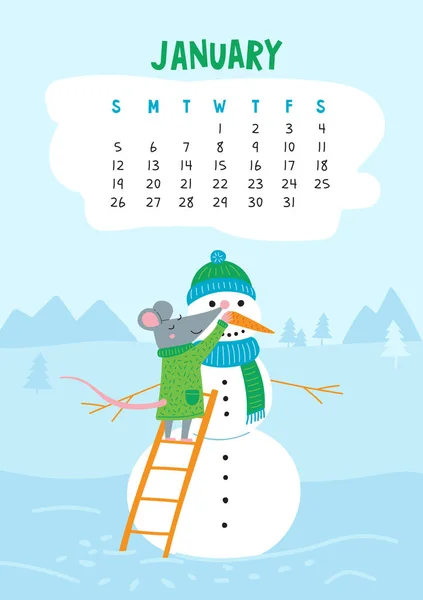 Enero. Página de calendario vectorial con rata linda hacer muñeco de nieve — Vector de stock