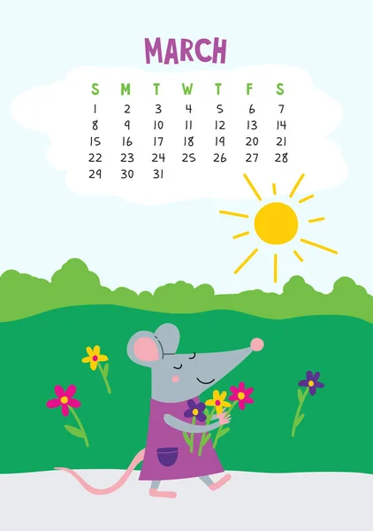Maart. Vector kalender pagina met schattige rat met bloemen — Stockvector