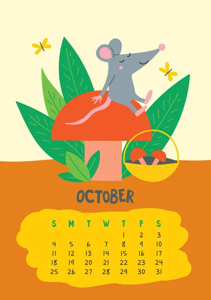 10 月。キノコとかわいいネズミとベクトルカレンダーページ - 中国のシンボル — ストックベクタ