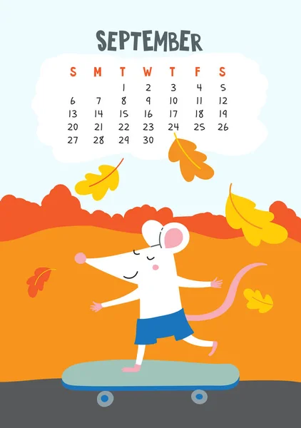 9 月。スケートボード上のかわいいネズミとベクトルカレンダーページ — ストックベクタ