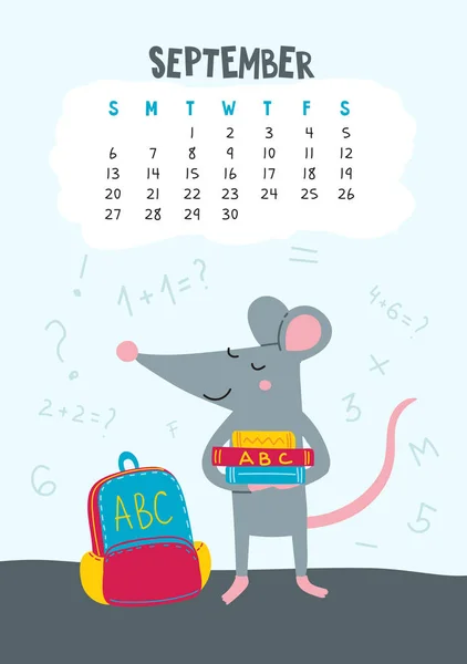Settembre. Pagina del calendario vettoriale con simpatico ratto torna a scuola - simbolo cinese — Vettoriale Stock