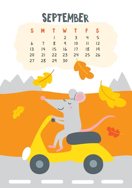 Settembre. Pagina del calendario vettoriale con carino ratto cavalcare scooter — Vettoriale Stock