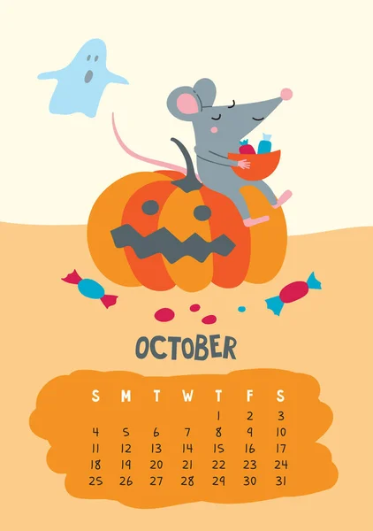 Ottobre. Pagina del calendario vettoriale con ratto carino celebrare Halloween — Vettoriale Stock